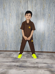 Brown Kids Safari Suit with Trouser - Dobby Stuff