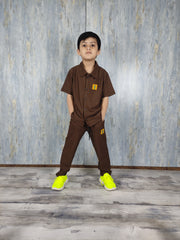 Brown Kids Safari Suit with Trouser - Dobby Stuff