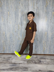 Brown Kids Safari Suit with Trouser - Dobby Stuff